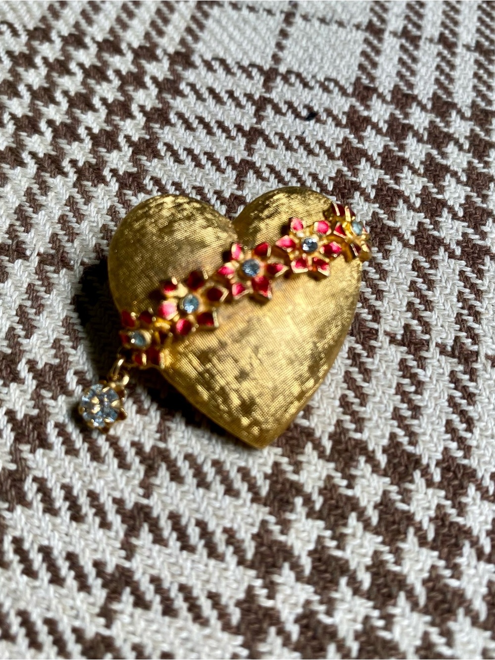 Gold Heart Brooch with Pink Floral Accents